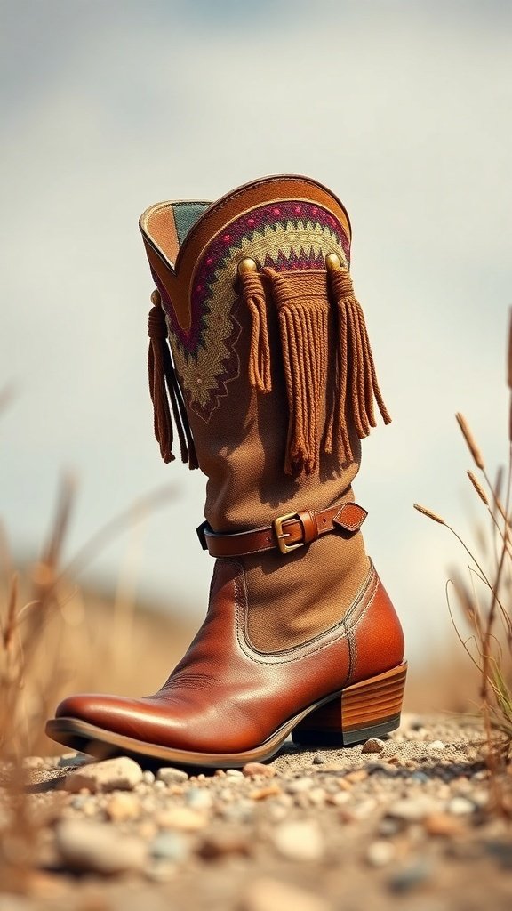 A stylish Boho boot with fringe and intricate design, set against a natural background.