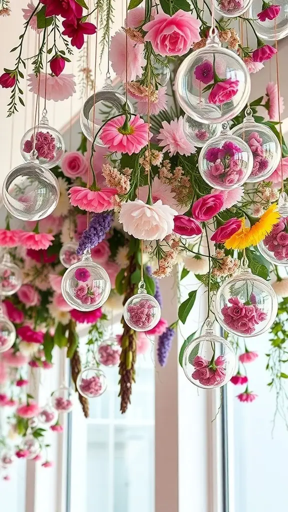 A vibrant hanging flower display featuring various flowers in glass orbs, creating a colorful and lively atmosphere.