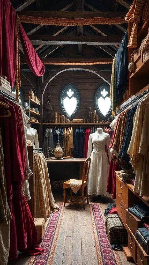 A cozy workshop filled with medieval-inspired outfits, showcasing rich fabrics and a creative atmosphere.