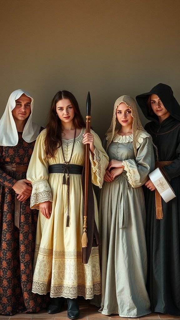 A group of individuals in medieval-inspired outfits, featuring corsets, flowing gowns, and layered textures.