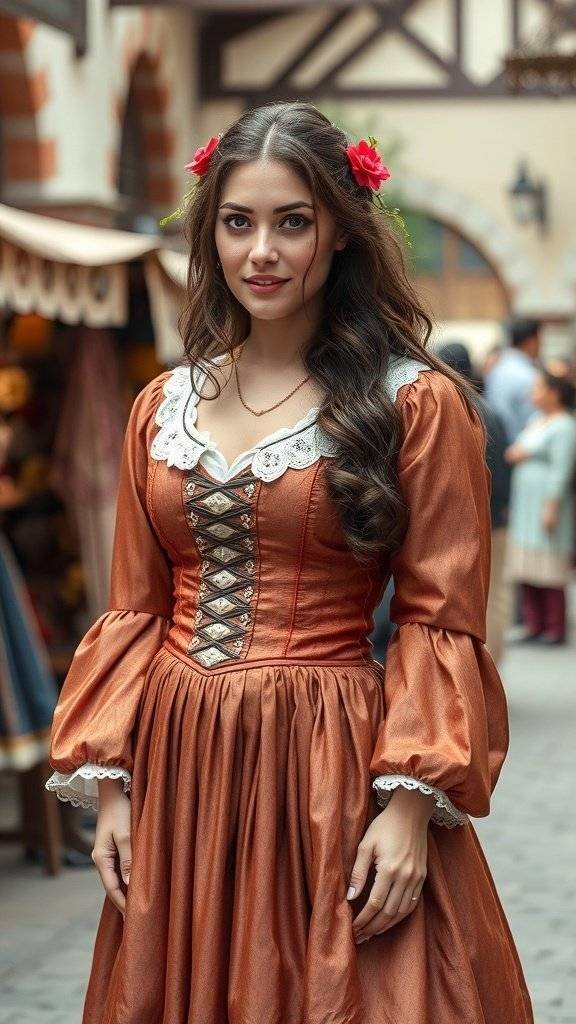 medieval-inspired outfits, featuring corsets, flowing gowns, and layered textures.