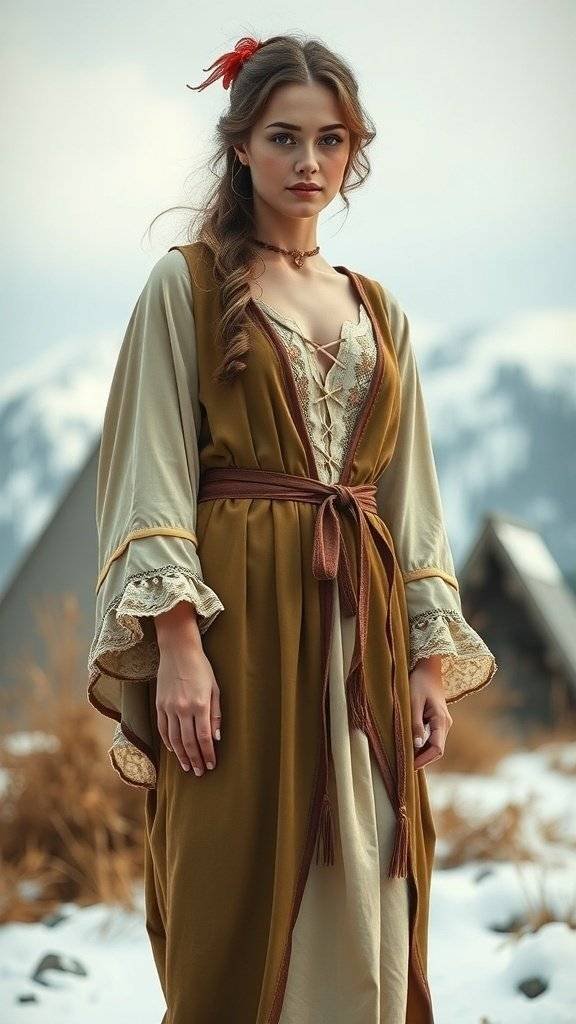 A couple in summer medieval attire, featuring a flowing gown and layered cloak.