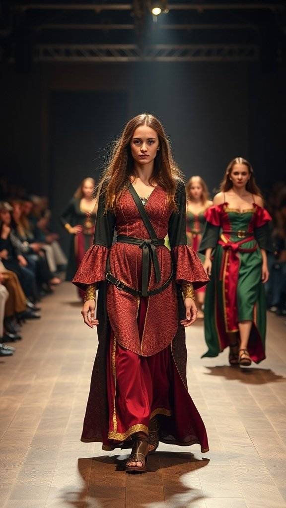 Models showcasing medieval-inspired outfits on a runway