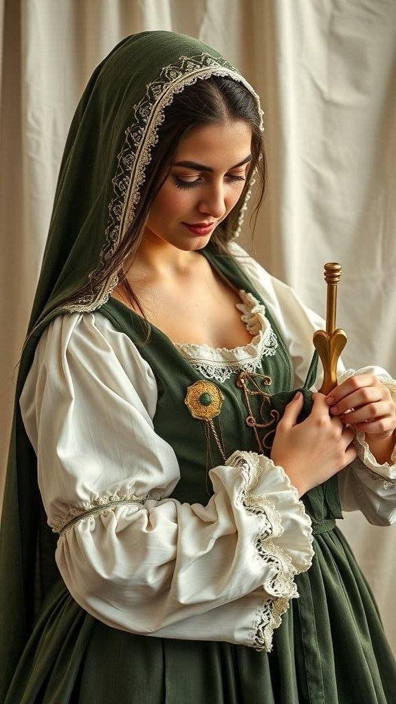 A woman in a medieval-style outfit with a corset and flowing gown, seated and focused on her work.