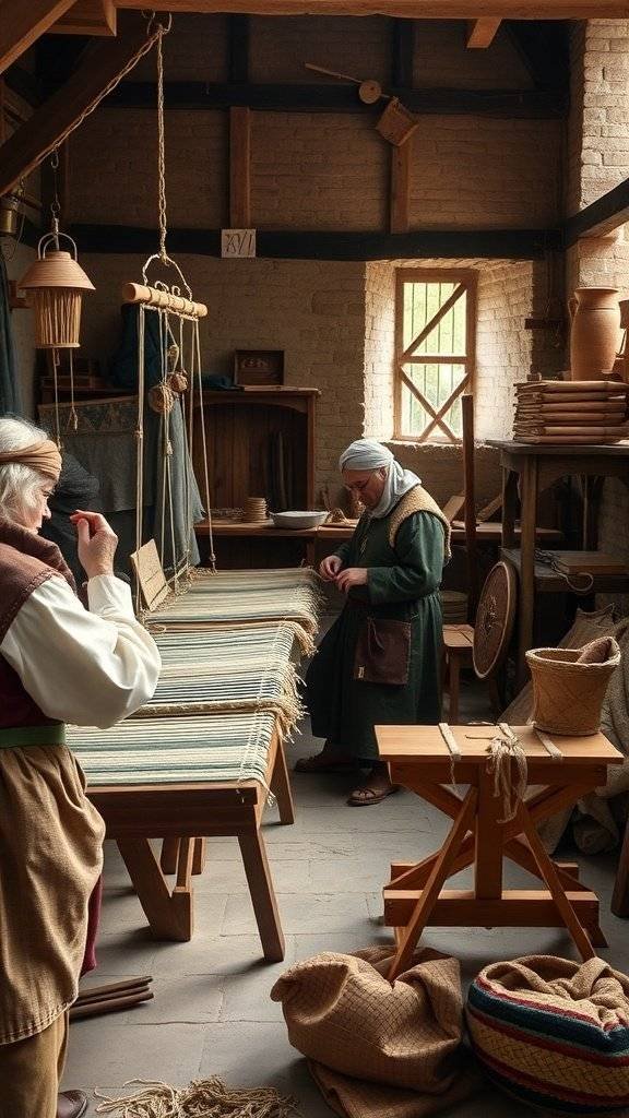 Artisans working in a medieval-style workshop, weaving textiles and showcasing traditional craftsmanship.