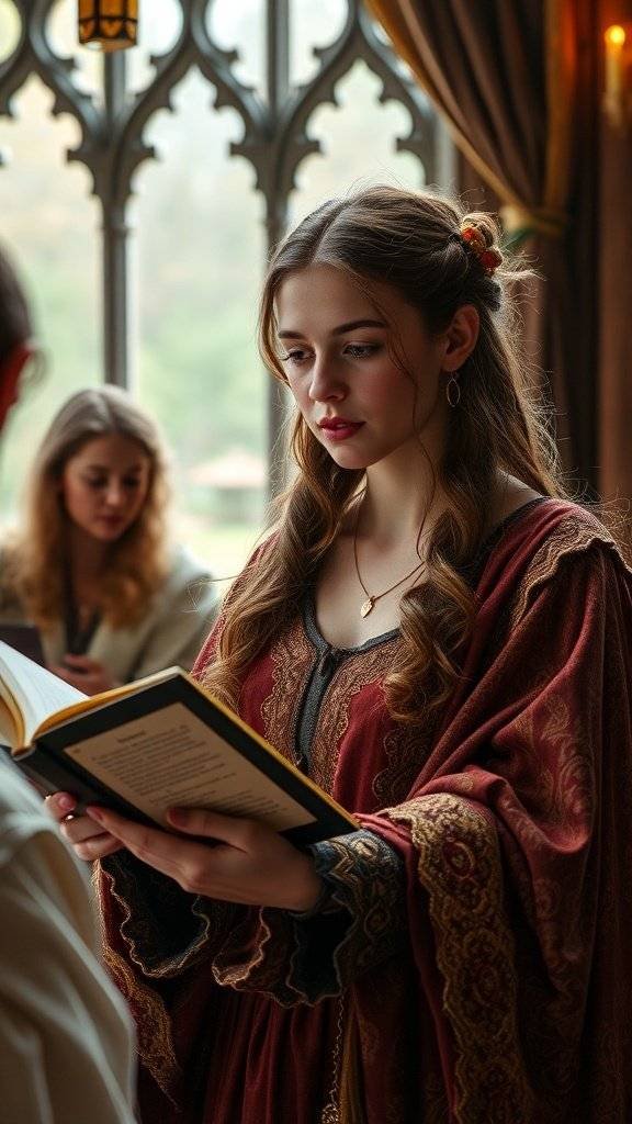 Three figures in medieval attire reading books, showcasing flowing gowns and layered textures reminiscent of the 14th and 15th centuries.