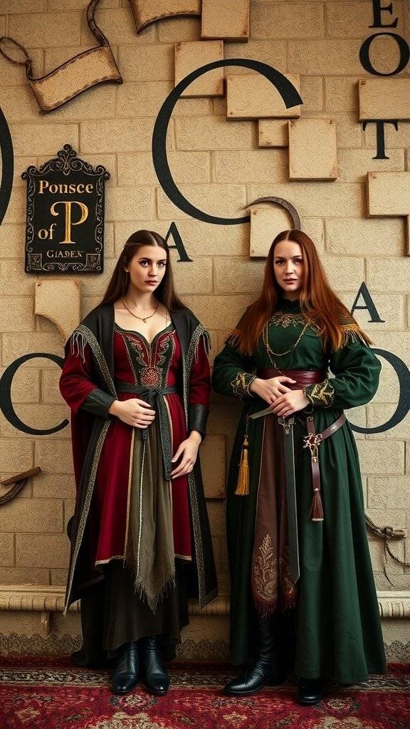 Two women in medieval-inspired outfits featuring corsets and flowing gowns.