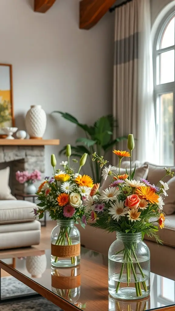 Two colorful flower arrangements in glass vases on a coffee table in a cozy living room.
