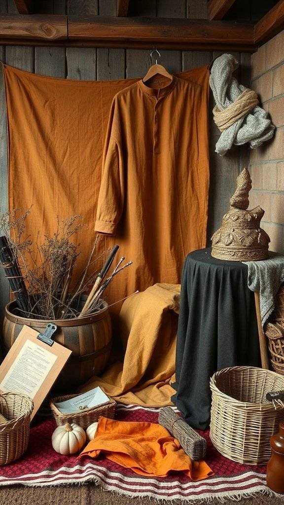 A cozy setting featuring medieval-inspired clothing and natural materials, showcasing sustainable practices.