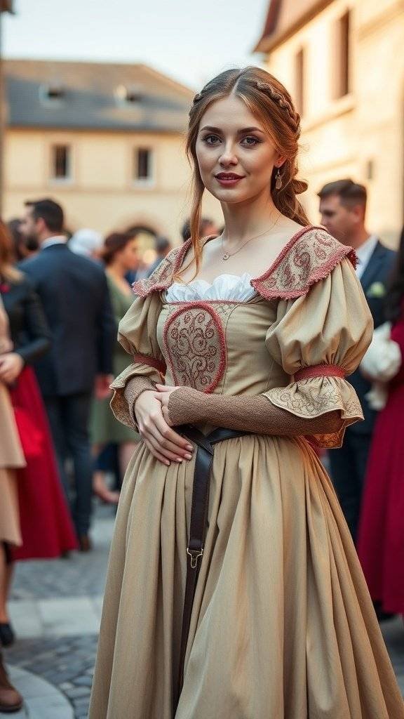 A group of people in medieval outfits, showcasing flowing gowns and layered textures, standing in front of a stone building.