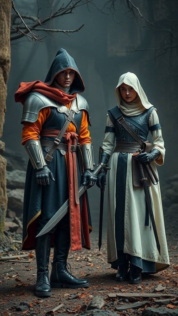 Two figures in futuristic medieval-inspired outfits, one in a layered armor and the other in a flowing gown.