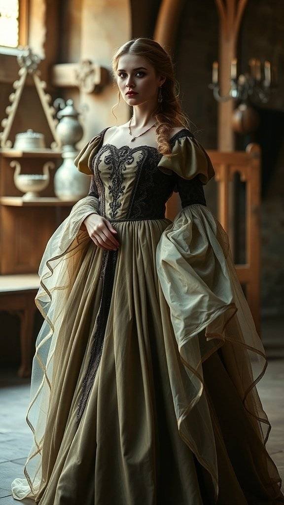 A woman in a regal gown with rich embellishments, featuring a fitted bodice and flowing skirt, set in a medieval-inspired interior.
