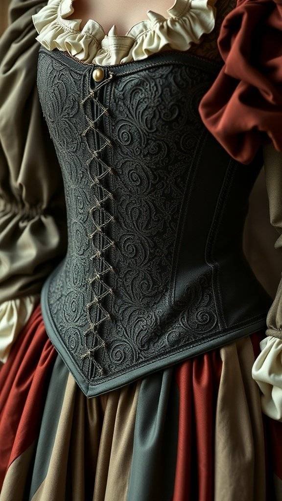 A detailed view of a corset with intricate patterns and layered fabric, reflecting medieval fashion.
