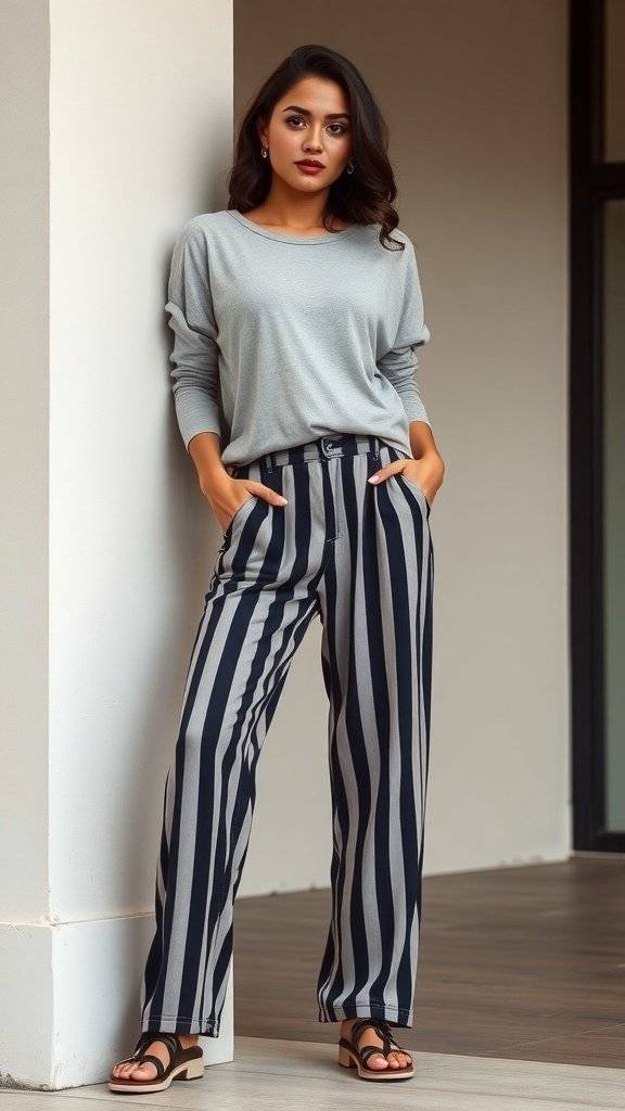 A casual outfit featuring a brown top and striped pants displayed on a mannequin.