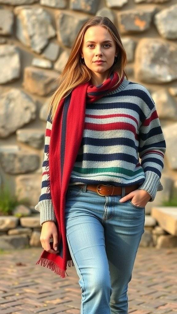 A woman wearing a striped sweater and red scarf, standing against a stone wall.