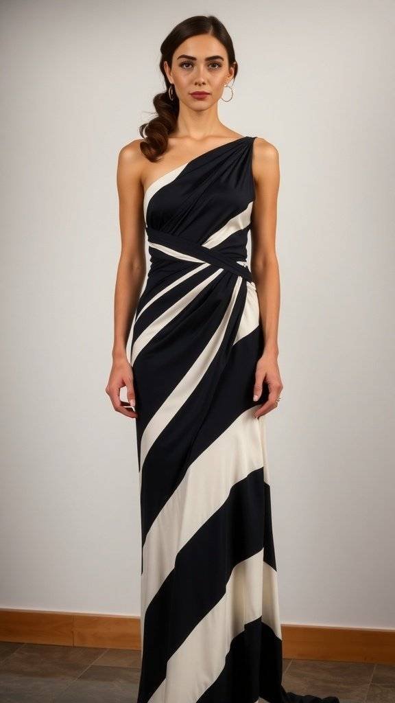 A stylish evening dress with navy and rust stripes, featuring puffed sleeves and a fitted waist.