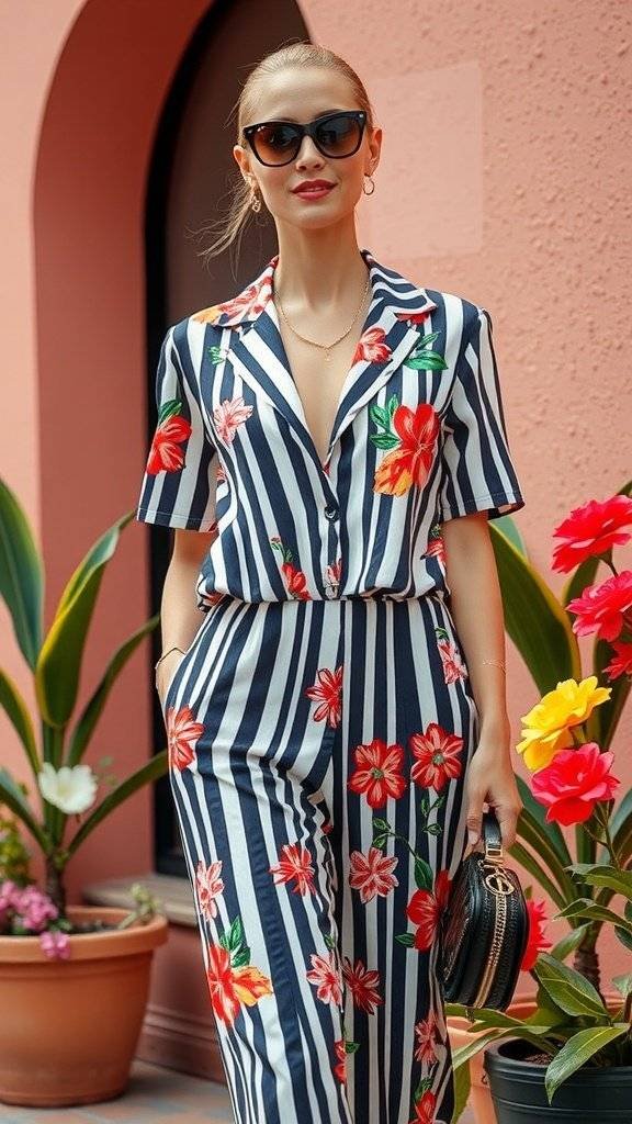 A woman in a striped outfit with floral patterns, standing in front of colorful flowers.