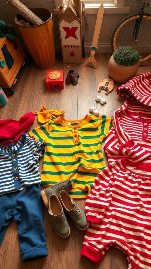 A collection of colorful striped kids' clothing laid out on a wooden floor, including shirts, a onesie, and shoes.