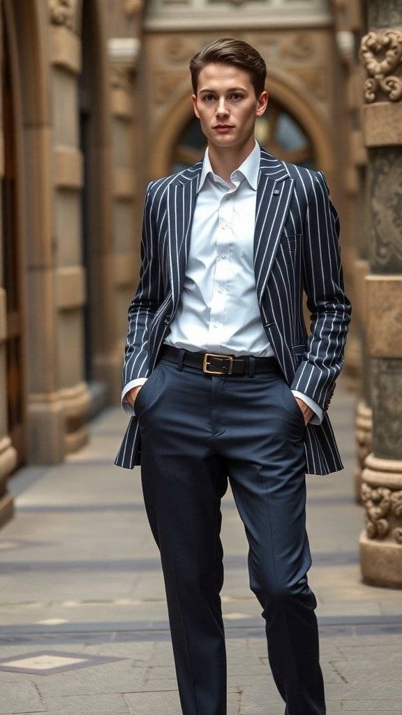 A young man wearing a striped blazer and tailored trousers, standing in a stylish office setting.