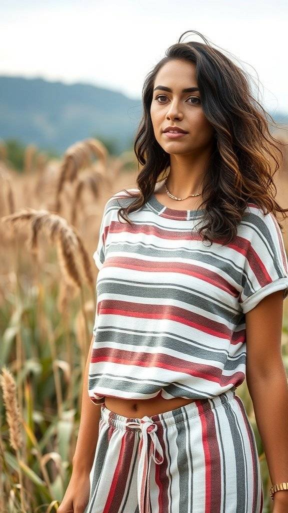 A group of people wearing striped clothing in a field, showcasing sustainable fashion.