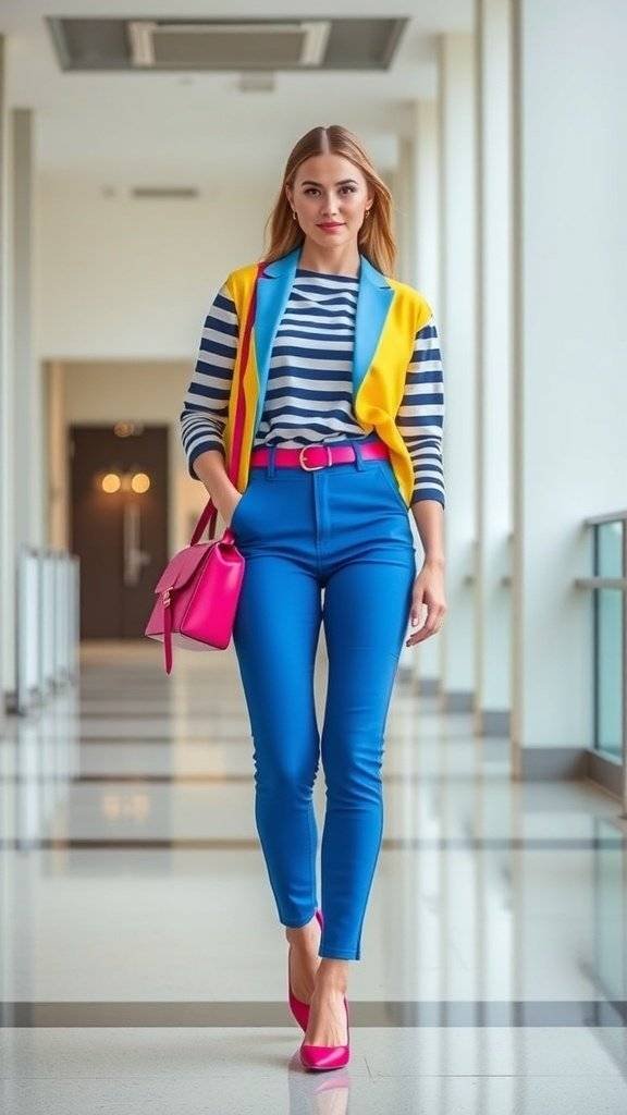 A model wearing a striped dress with color blocking, standing in a street.