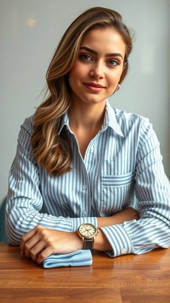 A neatly folded classic striped shirt with a watch on top, set against a wooden background.