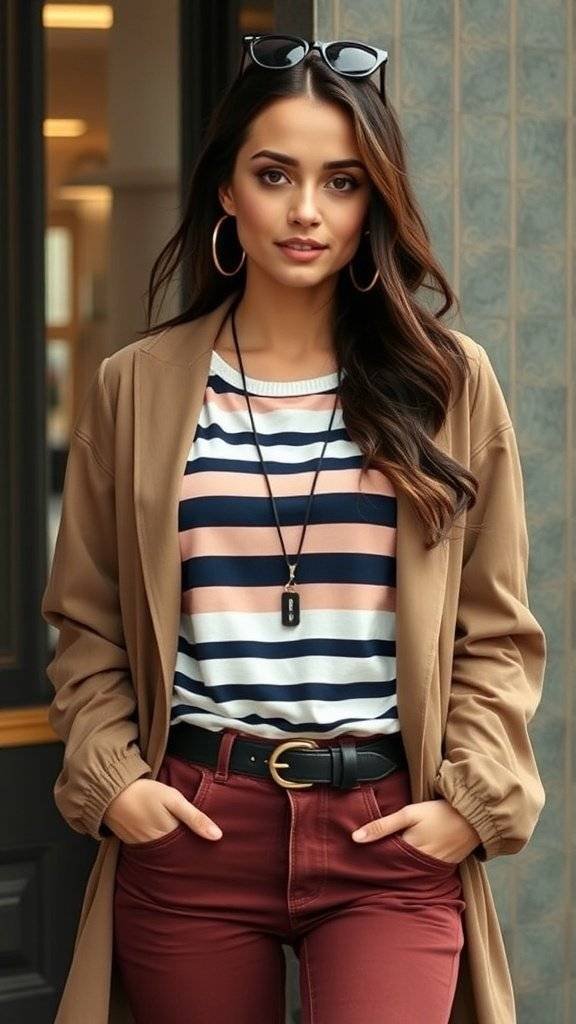 A mannequin displaying a layered striped outfit featuring a turtleneck and a skirt with varying stripe patterns.