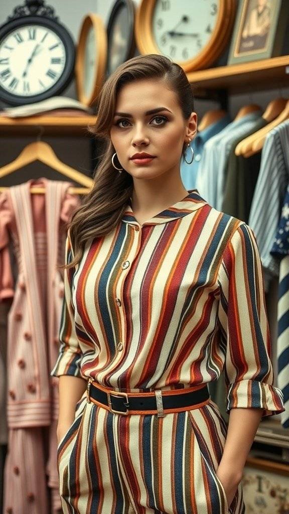 A vintage dress with green and white stripes, featuring a red top and brown belt, displayed in a cozy shop.