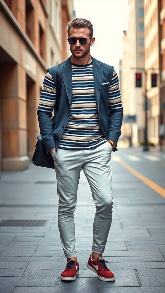 A man wearing a stylish striped outfit with a vest and brown shoes, standing on a city street.