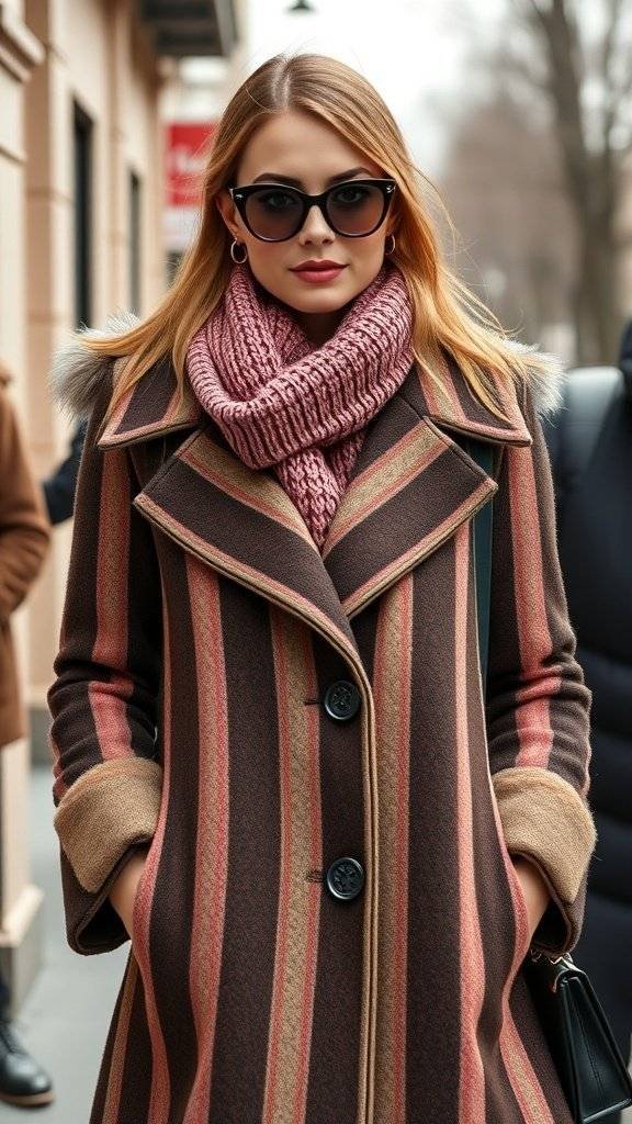 A stylish coat with a check pattern displayed on a mannequin, showcasing bold stripes in outerwear.