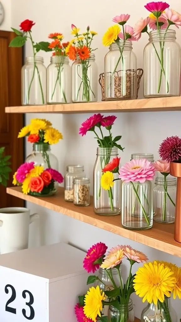 Colorful flower jars filled with various blooms on wooden shelves