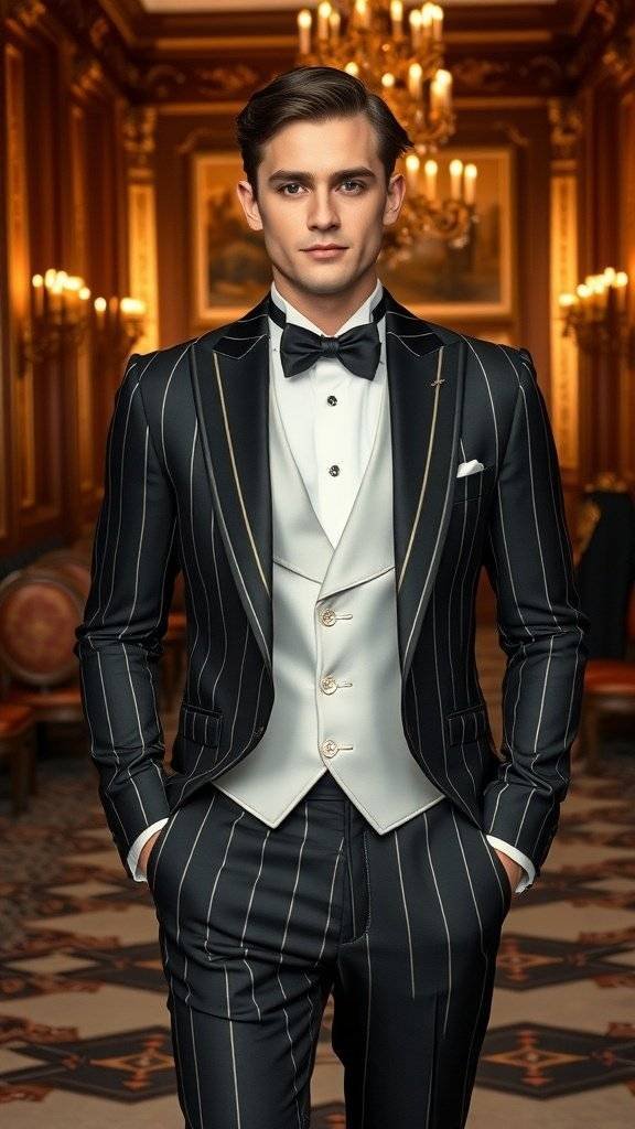 A man in a stylish pinstriped suit with a bow tie, standing confidently in a luxurious setting.