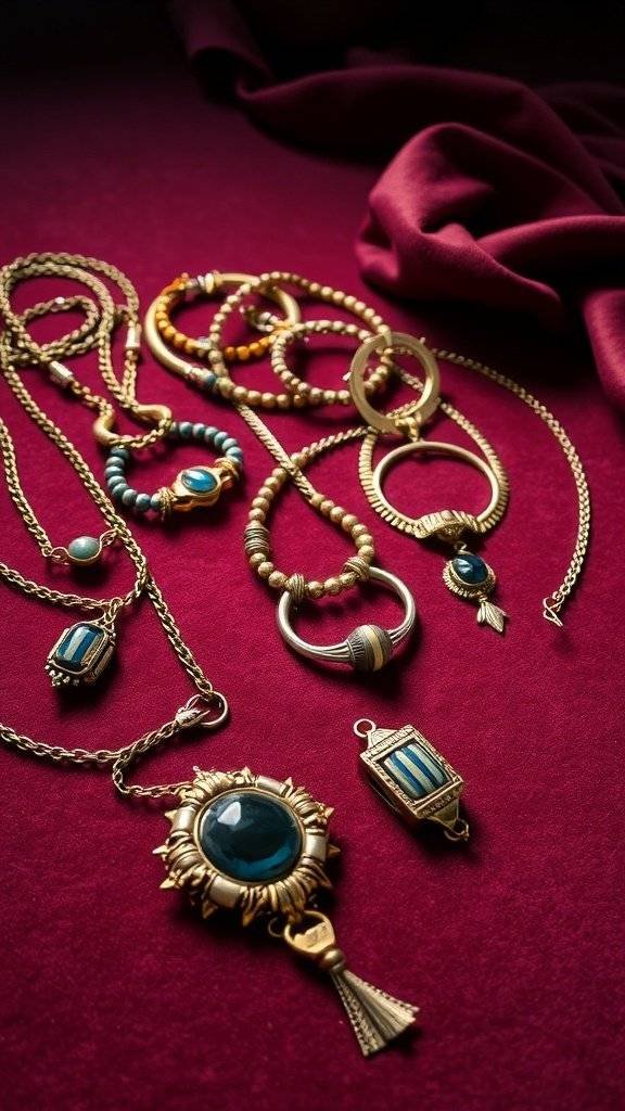 A collection of striped jewelry pieces displayed on a rich burgundy fabric.