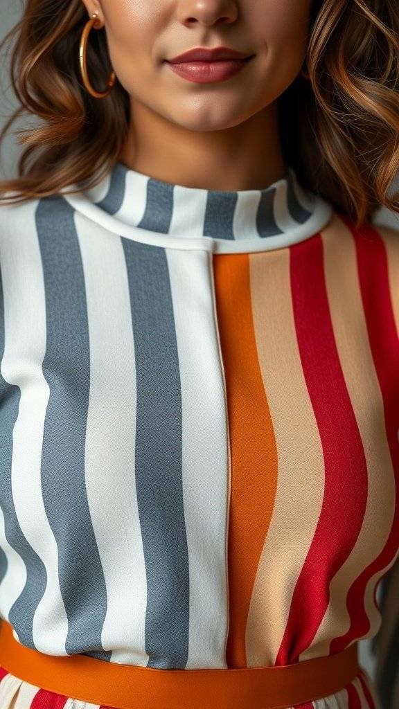 Close-up of striped fabric in red, navy, and cream colors, showcasing texture and pattern.