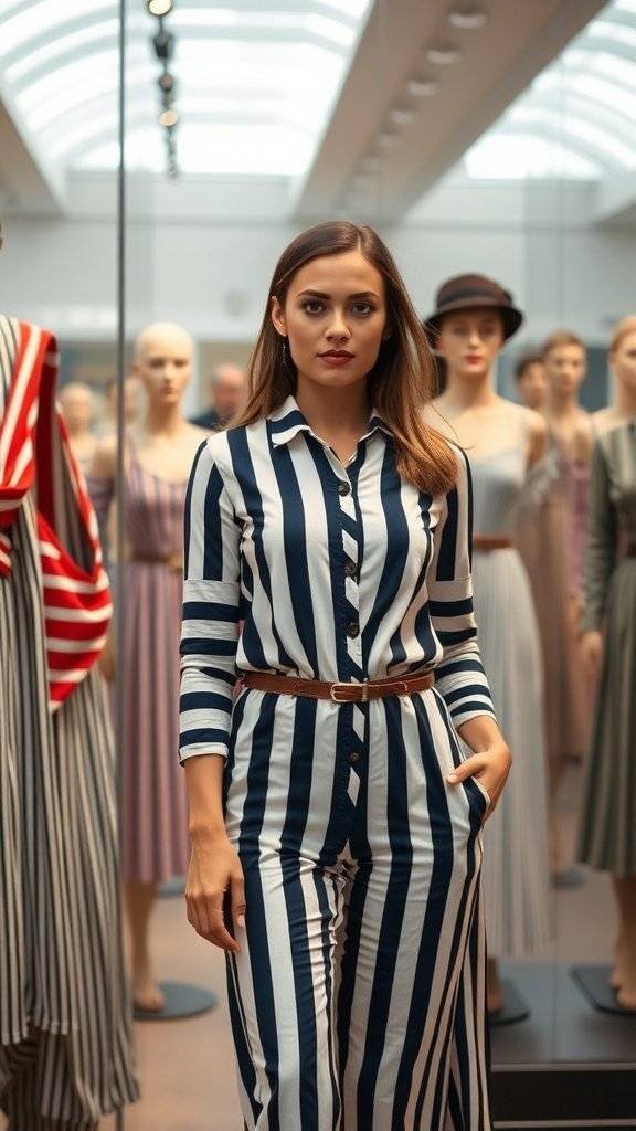A display of striped and solid-colored garments in a fashion exhibit.