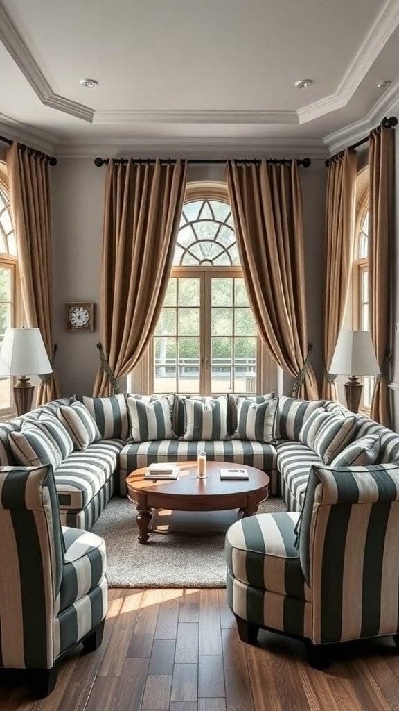 A stylish living room with a striped sectional sofa and warm-toned decor.