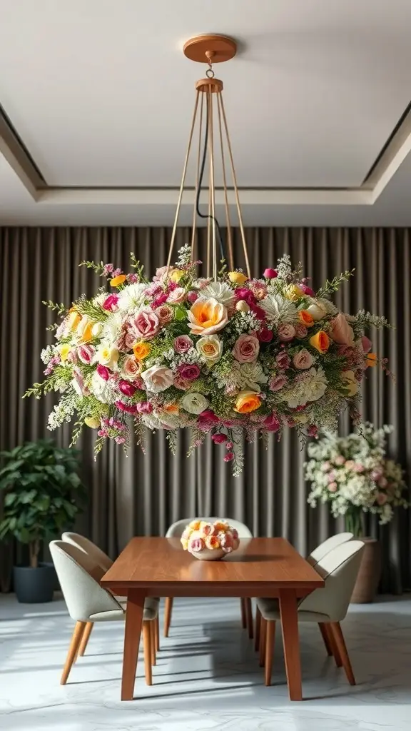A modern floral chandelier made of various colorful flowers hanging above a wooden dining table.