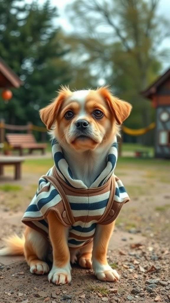 A small dog wearing a striped hoodie, sitting outdoors in a park.