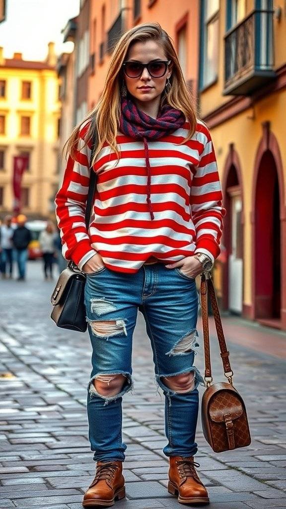 A woman wearing a red and white striped sweater, distressed jeans, and brown boots, standing in a colorful street.