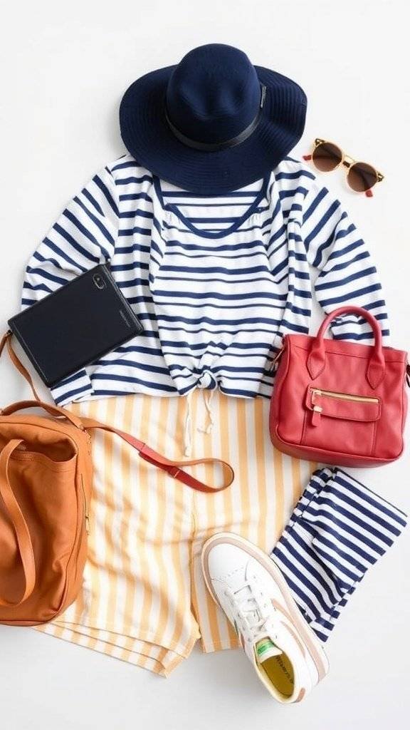 A stylish travel outfit featuring a striped dress, a green vest, brown leather shoes, and accessories like hats and bags.