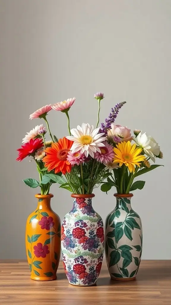 Three colorful flower vases with bold patterns filled with vibrant flowers.