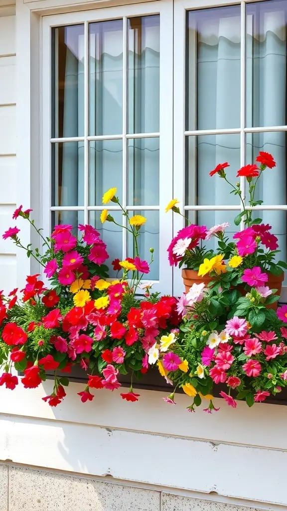 Colorful flower-filled window boxes with red, yellow, and pink blooms.