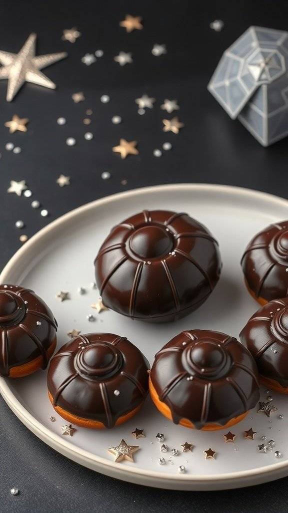 Chocolate donuts on a plate.