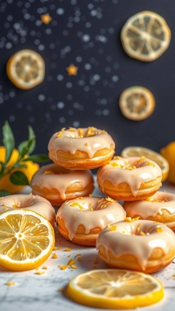 A stack of lemon zest mini donuts with a glossy glaze and lemon slices in the background.