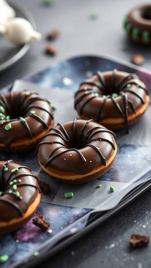 Chocolate mint mini donuts with sprinkles on a colorful tray