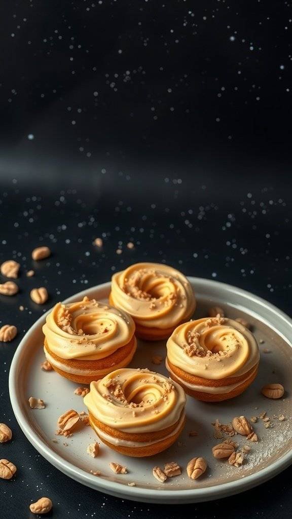 Peanut Butter Galaxy Swirls mini donuts with creamy frosting and crushed peanuts on a plate