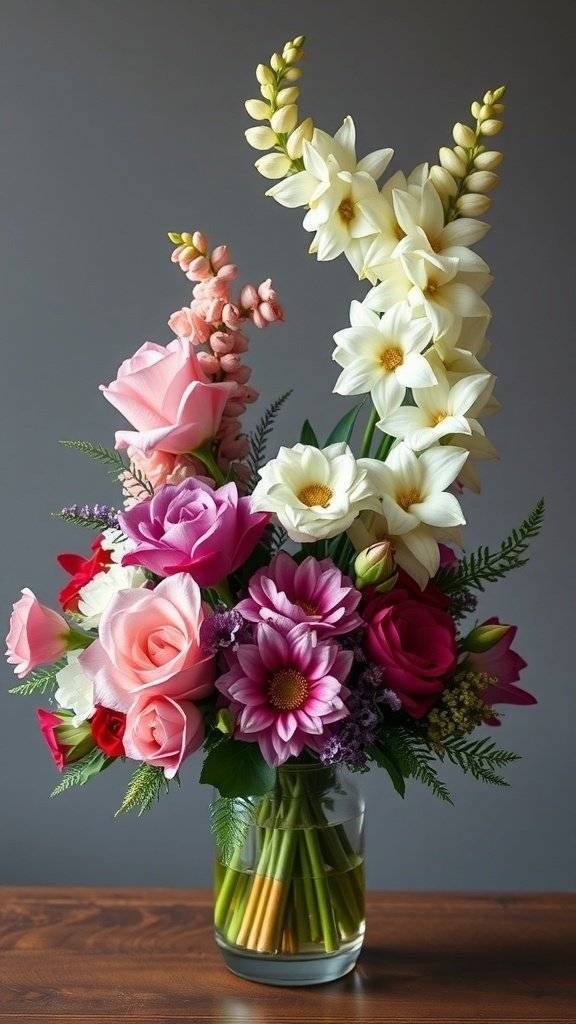 A vibrant flower arrangement featuring pink roses, red daisies, and white flowers in a clear vase.