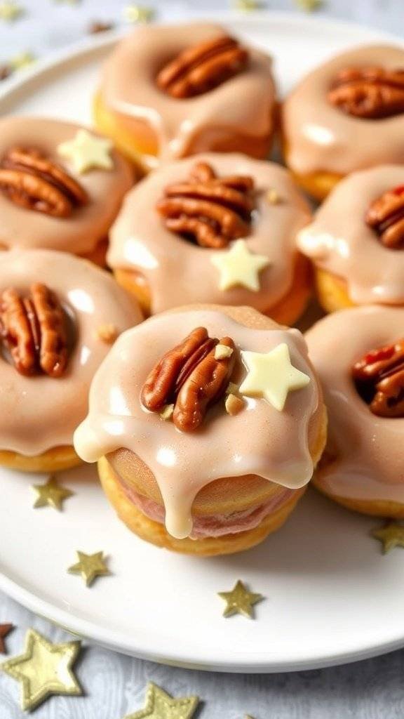 Maple Pecan Death Star Crunch mini donuts on a plate with star-shaped sprinkles