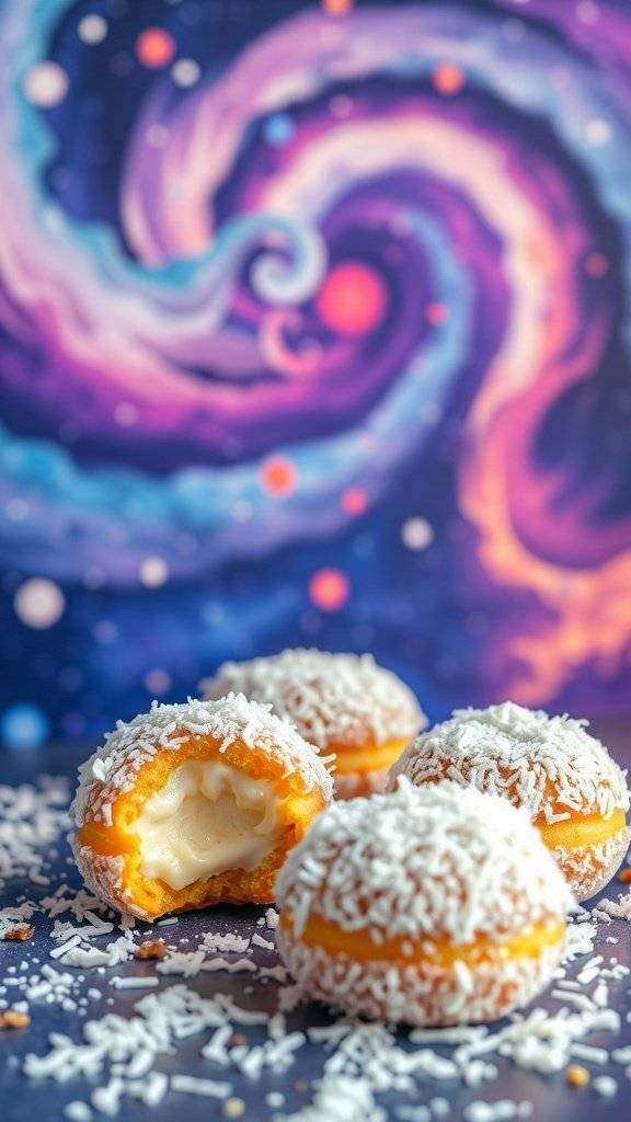 Coconut cream mini donuts coated in shredded coconut with a colorful galaxy background.