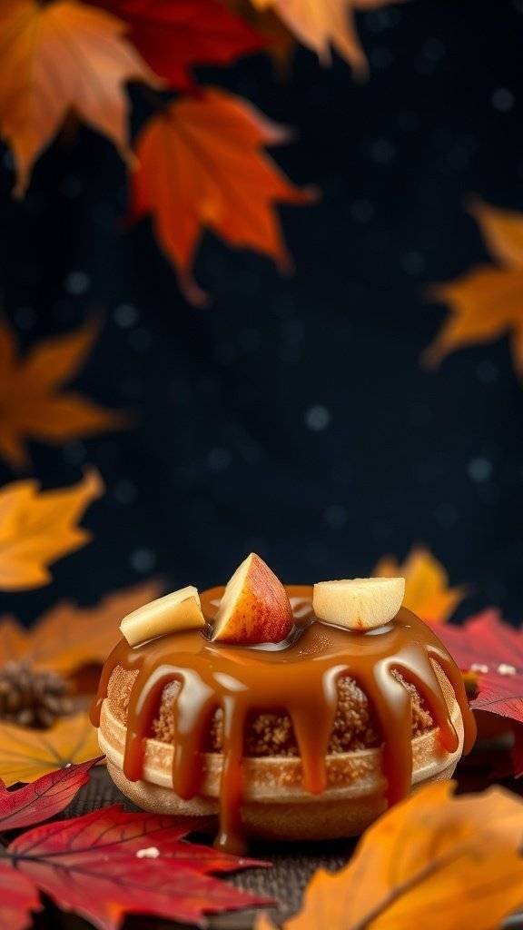 A delicious caramel apple mini donut topped with caramel and apple slices, surrounded by autumn leaves.